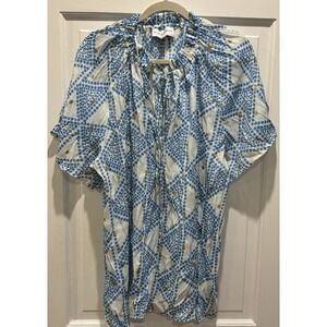 ALEX & PARKER Womens Blouse White Blue Polkadots Tie Neck Short Sleeve Size 3X